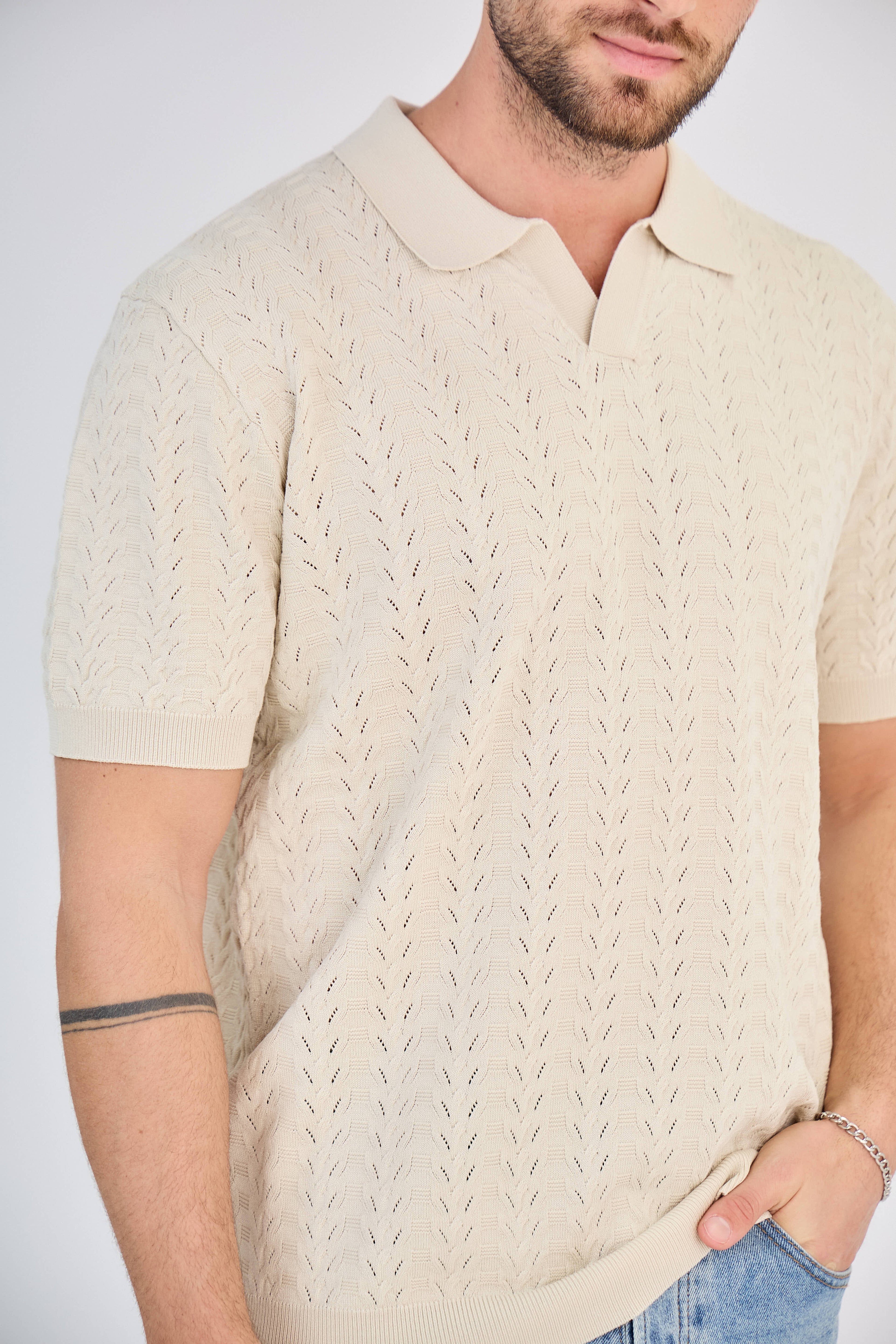 Polo Homme en Maille Ajourée - Beige