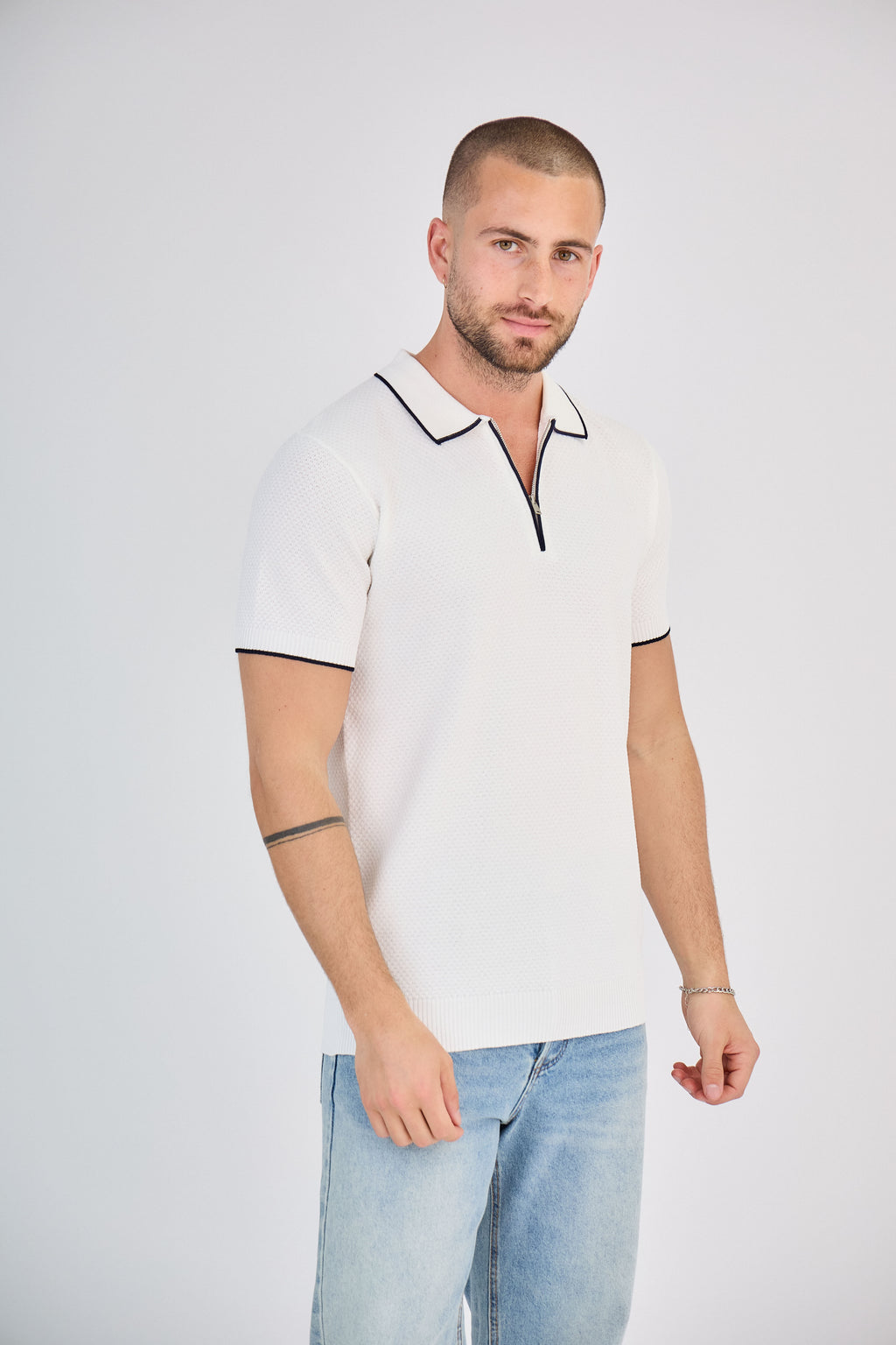 Polo zippé Texturé Blanc