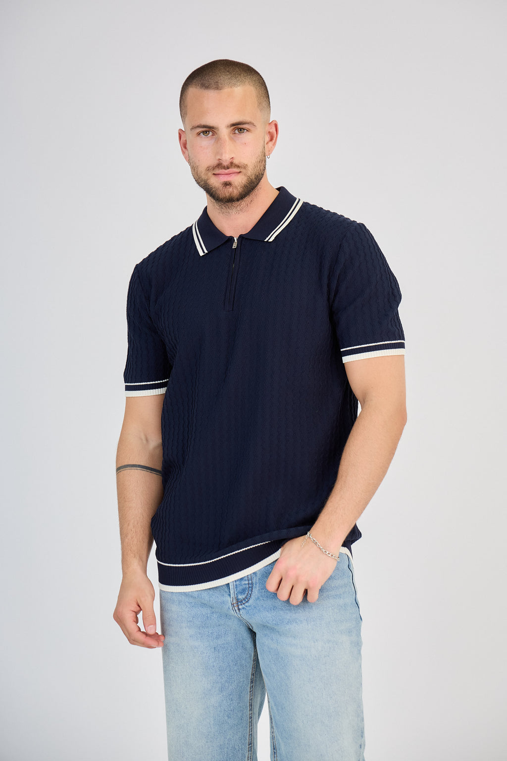 Polo zippé en maille torsadée Blanc