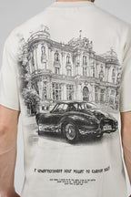 T-shirt homme imprimé artistique avec illustration urbaine et voiture rétro