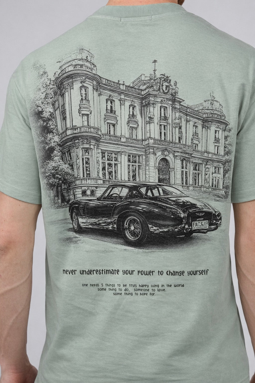 T-shirt homme imprimé artistique avec illustration urbaine et voiture rétro