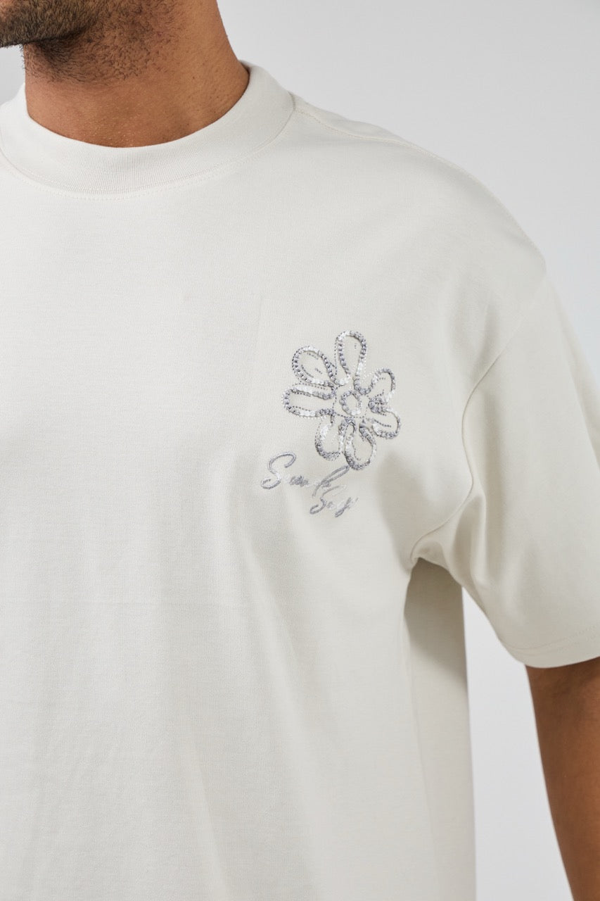 T-shirt homme coupe décontractée avec broderie florale artistique et motif graphique au dos