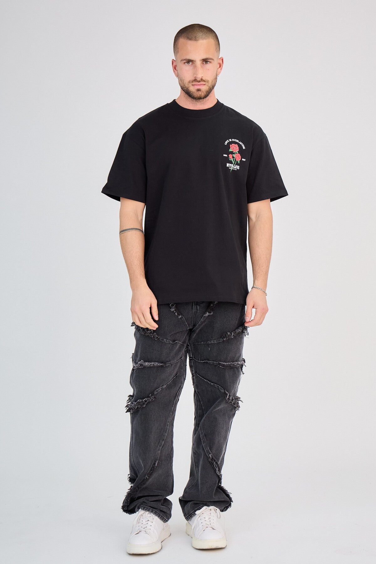 Black T-Shirt with Rose Print