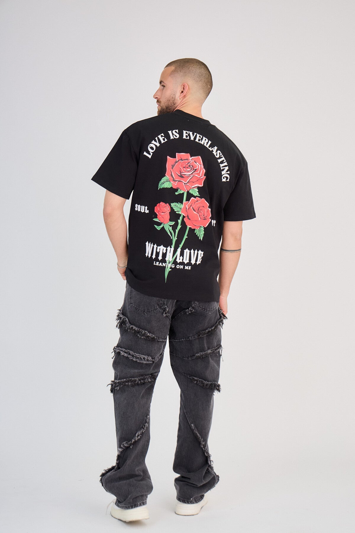 Black T-Shirt with Rose Print