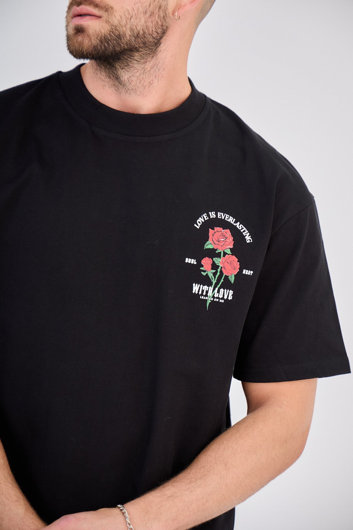 Black T-Shirt with Rose Print